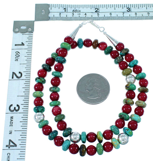 Navajo Sterling Silver Turquoise And Coral Bead Necklace SX108659